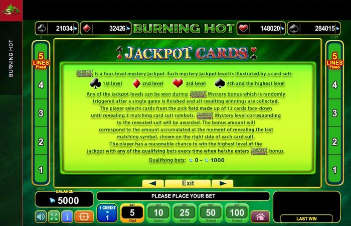 Burning Hot: pay table with jackpots